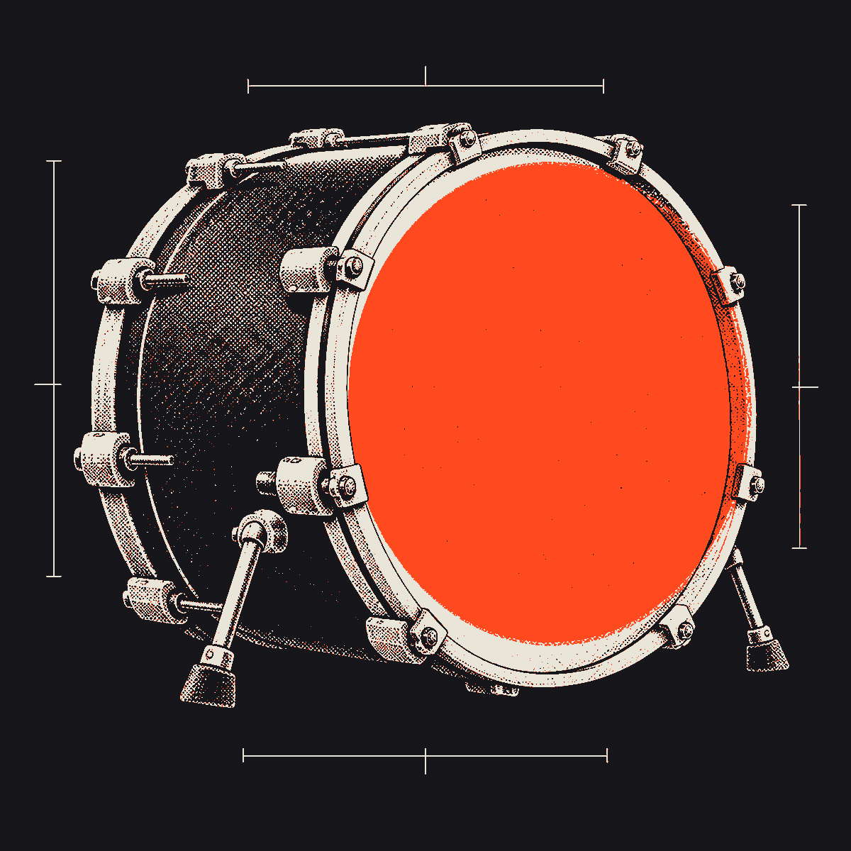 Illustration of a kick drum, its front head a flat orange disc, with dimension lines around it.