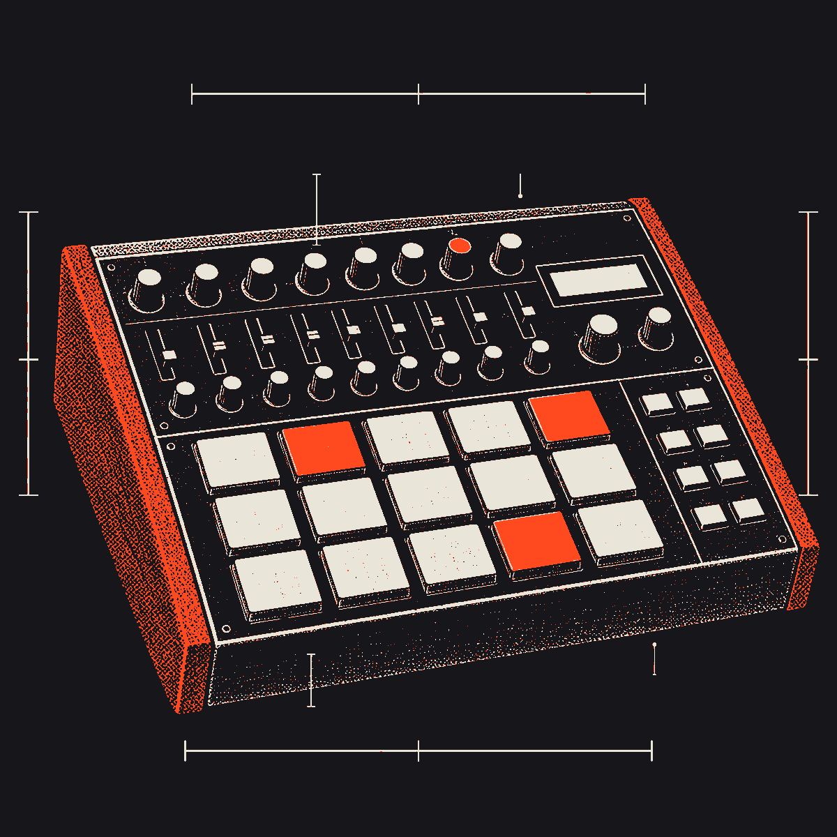 Illustration of a drum machine with orange side panels, rows of knobs and sliders, and a grid of square pads, three of them orange, with dimension lines around it.